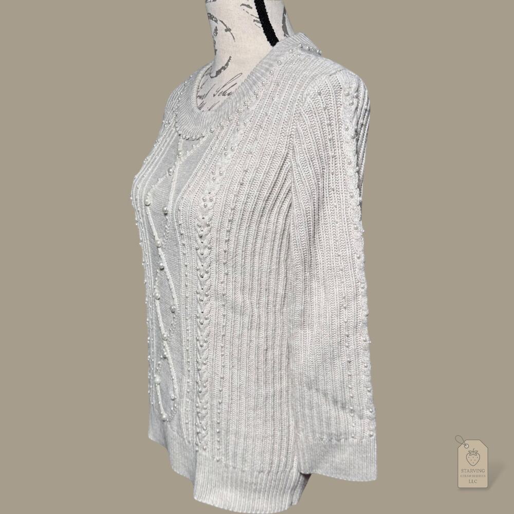 Karl Lagerfeld Paris Sweater XS Ivory Pearl Embellished Cable Knit Crew Neck - Picture 4 of 7